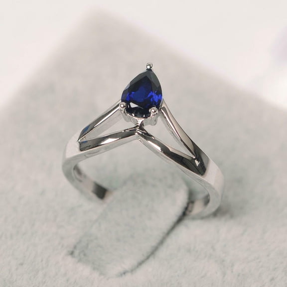 HeartsAndYou 1ct Natural Pear Blue Sapphire Ring Split Shank Solitaire 14k SOLID White Gold