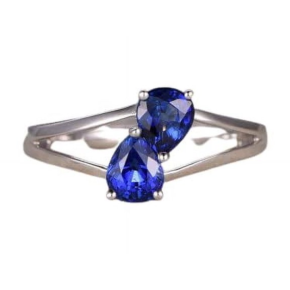 HeartsAndYou 1ct Natural Pear Blue Sapphire Ring Two Stone Split Shank 14k SOLID White Gold