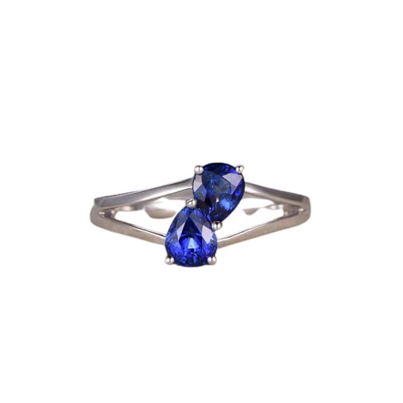 HeartsAndYou 1ct Natural Pear Blue Sapphire Ring Two Stone Split Shank 14k SOLID White Gold