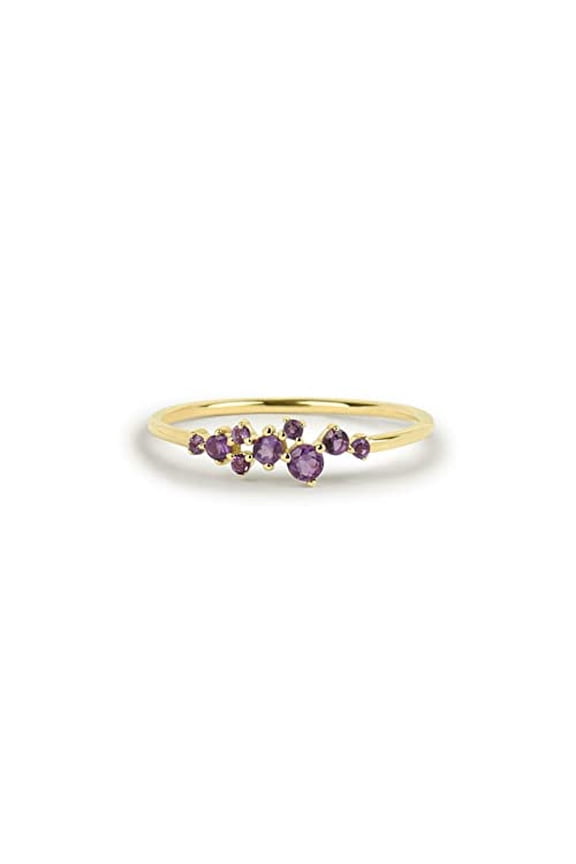 1ct Natural Round Purple Amethyst Cluster Minimalist Ring 14k SOLID Yellow Gold