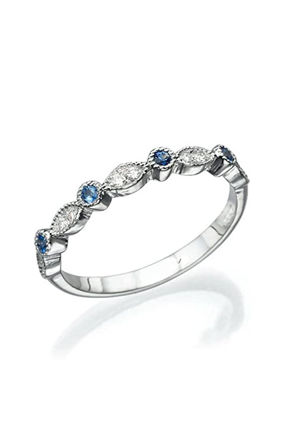 1ct Natural Sapphire & Diamond Band Stackable Half Eternity 14k SOLID White Gold