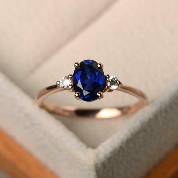 HeartsAndYou 1ct Natural Sapphire & Diamond Ring Round Accents Trilogy 14k SOLID Rose Gold