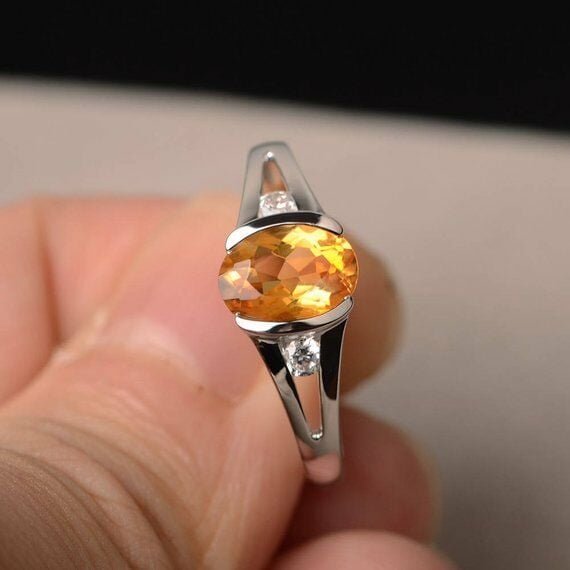 HeartsAndYou 1ct Natural Yellow Citrine Trilogy Wedding Engagement Ring 14k SOLID White Gold