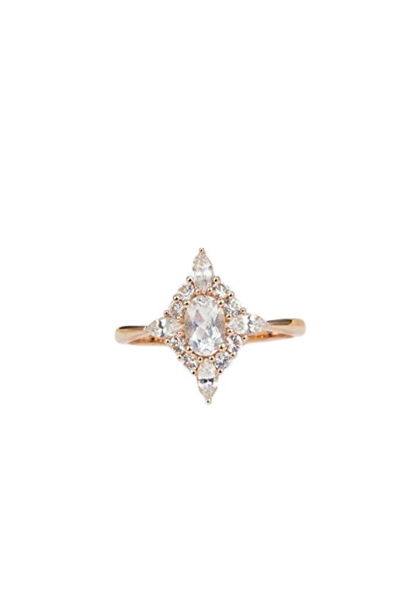 1ct Oval Cut Moissanite Accent Cluster Halo Engagement Ring for Women 18k Rose Gold Over Silver