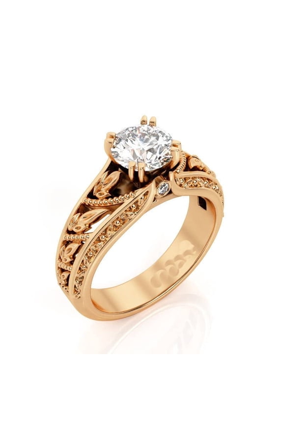 1ct Round Moissanite Engagement Ring for Women 18k Rose Gold Over Silver Leaves Milgrain Filigree