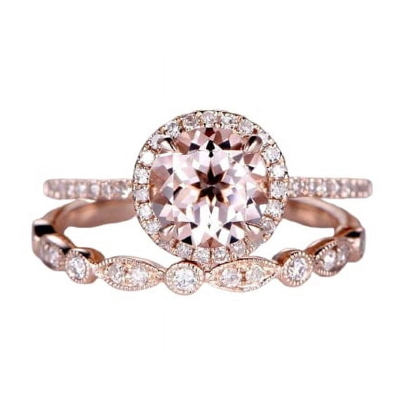 HeartsAndYou 2.1ct Natural Morganite Halo Bridal Set Engagement Ring 100% 14k SOLID Rose Gold