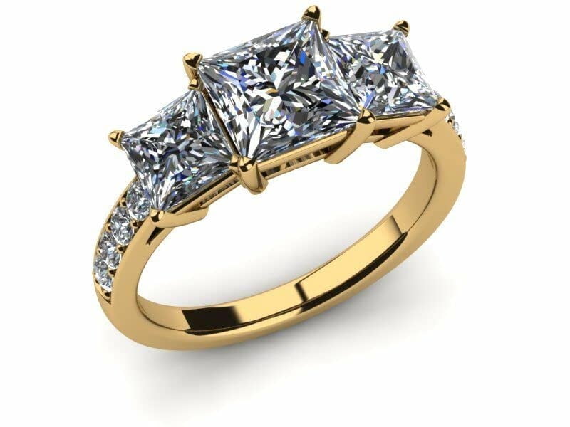 HeartsAndYou 2.1ct Princess Cut Moissanite 3 Stone Style Engagement Ring for Women 18k Yellow Gold over Silver