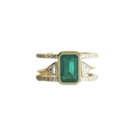 HeartsAndYou 2.2ct Green Natural Engagement Ring Cocktail Two Row 100% 14k SOLID Yellow Gold