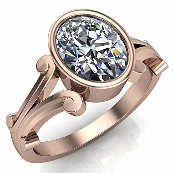 2.2ct Oval Cut Moissanite Engagement Ring for Women Bezel Set Split Shank 18k Rose Gold over Silver