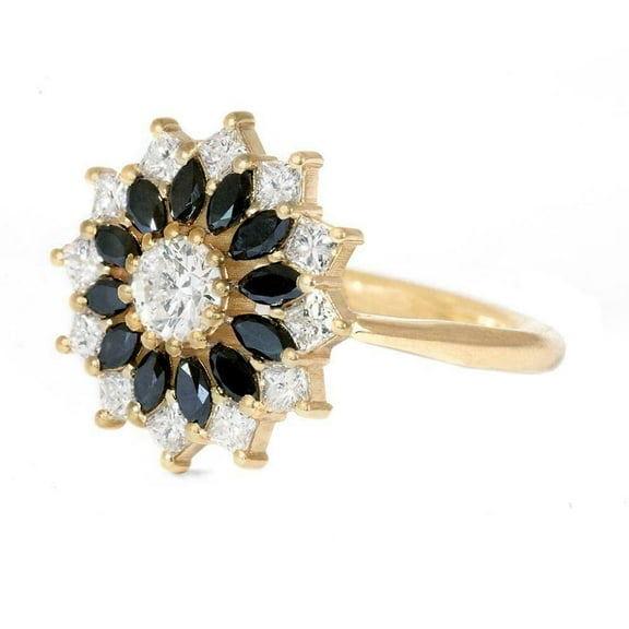 HeartsAndYou 2.2ct Round Cut Black & White Moissanite Flower Cluster Ring 18k Yellow Gold over Silver