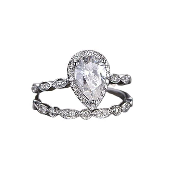 HeartsAndYou 2.3ct Engagement Ring for Women Pear Cut Moissanite Bridal Set Halo Band 18k White Gold Over Silver