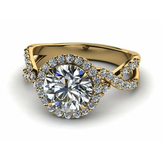 HeartsAndYou 2.3ct Engagement Ring for Women Round Cut Moissanite Twist Shank Halo 18k Yellow Gold over Silver