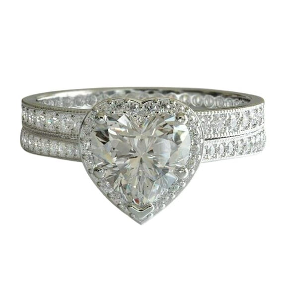 HeartsAndYou 2.3ct Heart Cut Moissanite Engagement Ring for Women Halo Bridal Set 18k White Gold Over Silver