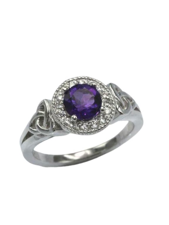 2.3ct Natural Amethyst & Diamond Halo Celtic Trinity Ring 14k SOLID White Gold