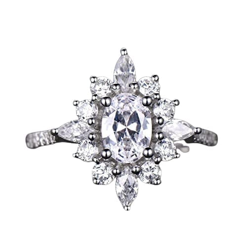 HeartsAndYou 2.4ct Engagement Ring for Women Oval Cut Moissanite Sunburst Ballerina 18k White Gold over Silver