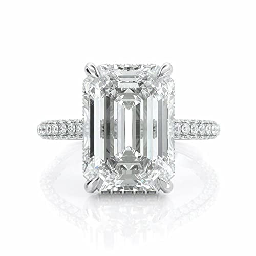 HeartsAndYou 2.5ct Emerald Moissanite Solitaire Engagement Ring for Women 18k White Gold over Silver Hidden Halo