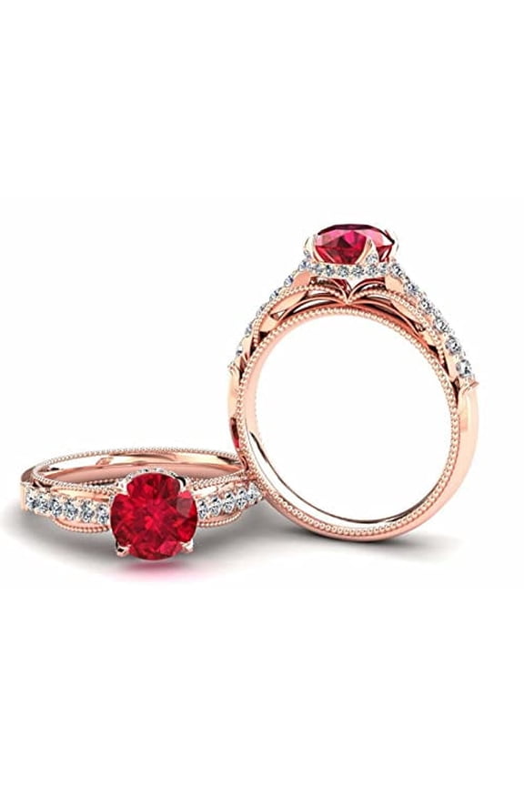 2.5ct Natural Red Ruby Milgrain Accent Halo Ring 100% REAL 14k SOLID Rose Gold