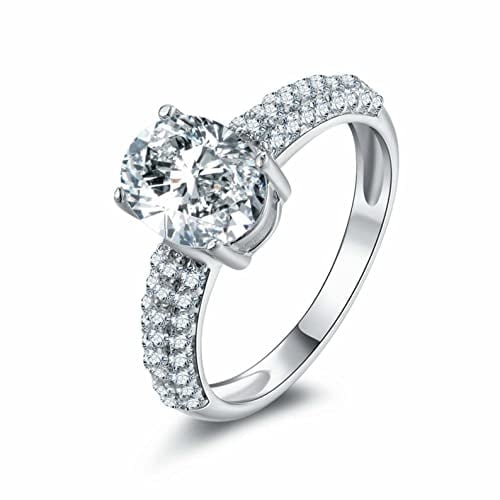 HeartsAndYou 2.5ct Oval Cut Moissanite Engagement Ring for Women 3 Row Shank Solitaire 18k White Gold over Silver