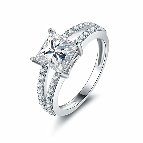 HeartsAndYou 2.5ct Princess Cut Moissanite Engagement Ring for Women Halo Split Shank 18k White Gold over Silver