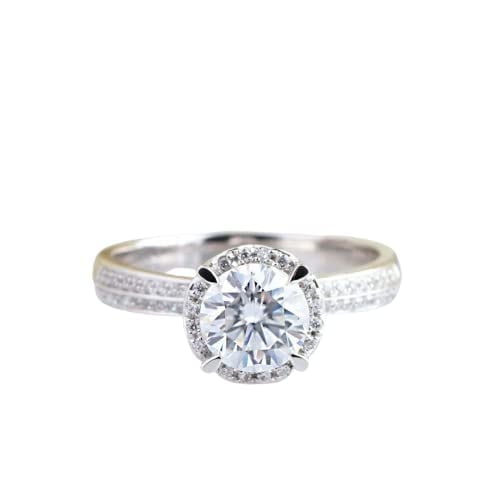 HeartsAndYou 2.5ct Round Cut Moissanite Engagement Ring for Women Dual Row Accents Halo 18k White Gold over Silver