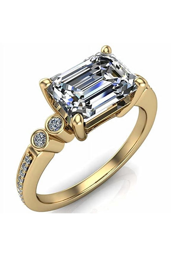 2.7ct Emerald Cut Moissanite Solitaire Bezel Set Accent Ring 18k Yellow Gold over Silver