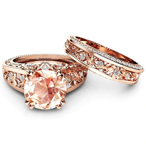 HeartsAndYou 2.9ct Natural Peach Morganite Engagement Ring 14k SOLID Rose Gold Bridal Set