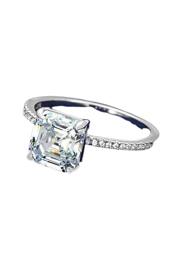 2ct Asscher Cut Moissanite Solitaire Ring 18k White Gold over Silver with Round Accents For Women Stylish