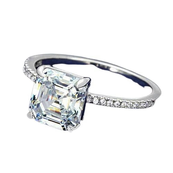 HeartsAndYou 2ct Asscher Cut Moissanite Solitaire Ring 18k White Gold over Silver with Round Accents For Women Stylish