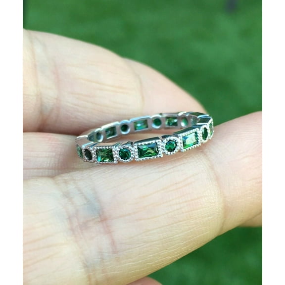 HeartsAndYou 2ct Baguette Natural Emerald Half Eternity Wedding Band 14k SOLID White Gold