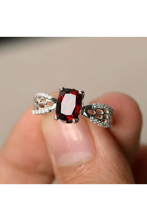 2ct Cushion Cut Natural Red Garnet Ring 14k SOLID White Gold Moissanite Accents