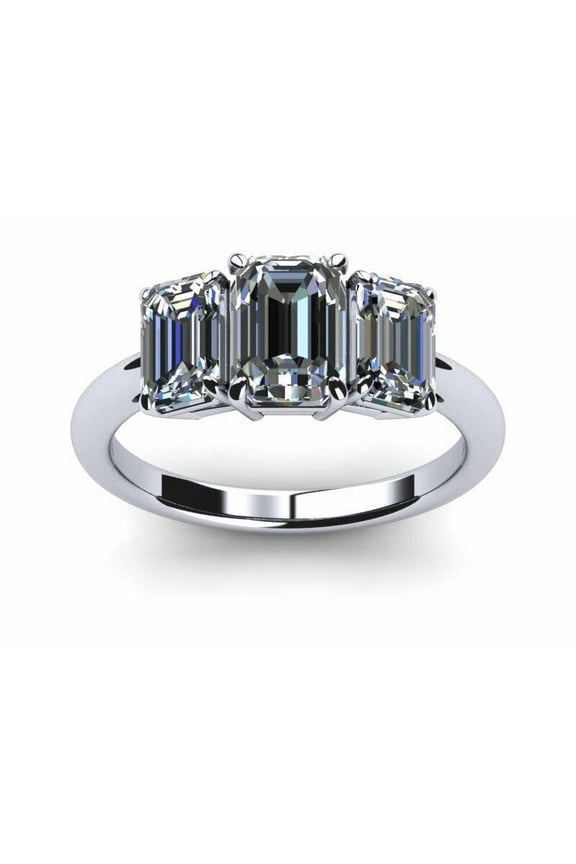 2ct Emerald Cut Moissanite 3 Stone Classic Engagement Ring for Women 18k White Gold over Silver Stylish