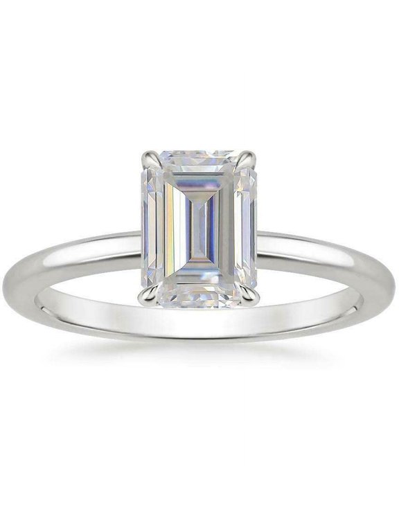 2ct Emerald Cut Moissanite Engagement Ring for Women 18k White Gold over Silver Classic Solitaire
