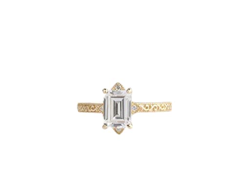HeartsAndYou 2ct Emerald Cut Moissanite Engagement Ring for Women Milgrain Filigree 18k Yellow Gold over Silver