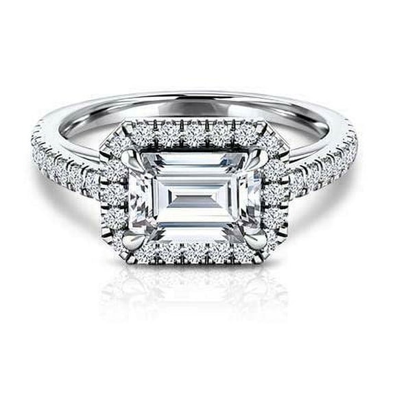 HeartsAndYou 2ct Emerald Cut Moissanite Halo Engagement Ring for Women 18k White Gold over Silver Round Accents