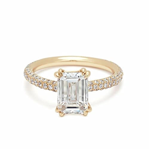 HeartsAndYou 2ct Emerald Moissanite Engagement Ring for Women 18k Yellow Gold over Silver Solitaire with Accent