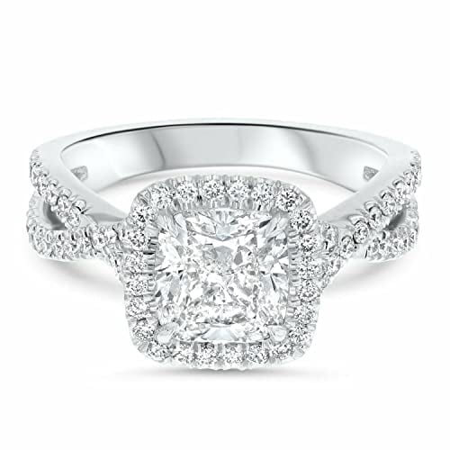 HeartsAndYou 2ct Engagement Ring for Women Cushion Cut Moissanite Split Shank Halo 18k White Gold over Silver