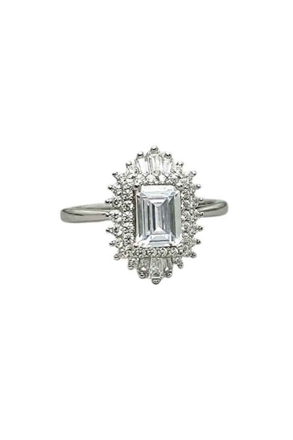 2ct Engagement Ring for Women Emerald Cut Moissanite Ballerina Sunburst 18k White Gold over Silver
