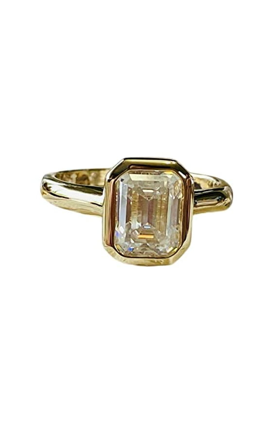 2ct Engagement Ring for Women Emerald Cut Moissanite Bezel Set Solitaire 18k Yellow Gold over Silver