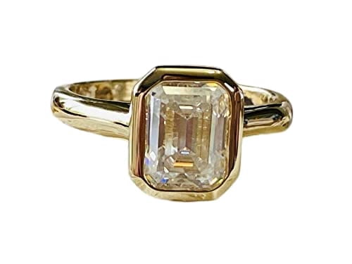 HeartsAndYou 2ct Engagement Ring for Women Emerald Cut Moissanite Bezel Set Solitaire 18k Yellow Gold over Silver