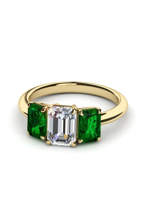 2ct Engagement Ring for Women Emerald Moissanite Trilogy Emerald Accents 18k Yellow Gold over Silver