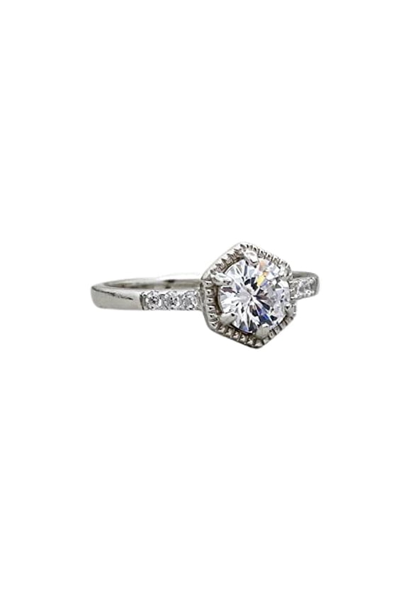 2ct Engagement Ring for Women Round Cut Moissanite Hexagon Shape Stackable 18k White Gold over Silver