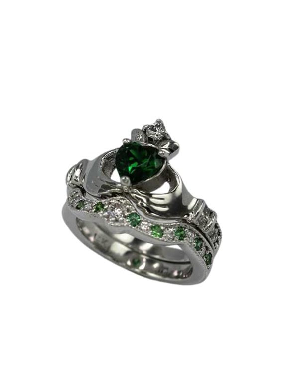 2ct Heart Natural Emerald Diamond Ring Claddagh Bridal Set 14k SOLID White Gold