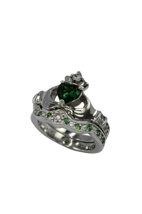 2ct Heart Natural Emerald Diamond Ring Claddagh Bridal Set 14k SOLID White Gold