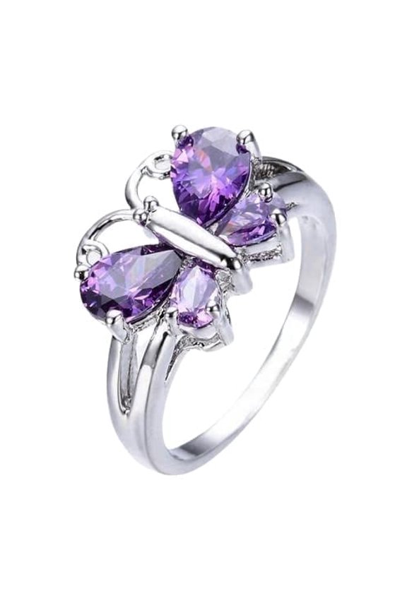 2ct Natural Amethyst Butterfly Design Statement Ring 100% 14k SOLID White Gold