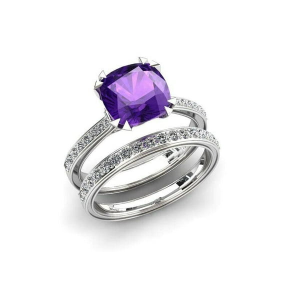HeartsAndYou 2ct Natural Amethyst & Diamond Accent Bridal Set Ring 100% 14k SOLID White Gold