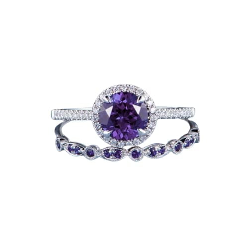 HeartsAndYou 2ct Natural Amethyst & Diamond Engage Ring Halo Bridal Set 14k SOLID White Gold