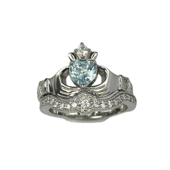 HeartsAndYou 2ct Natural Aquamarine Diamond Ring Claddagh Bridal Set 14k SOLID White Gold