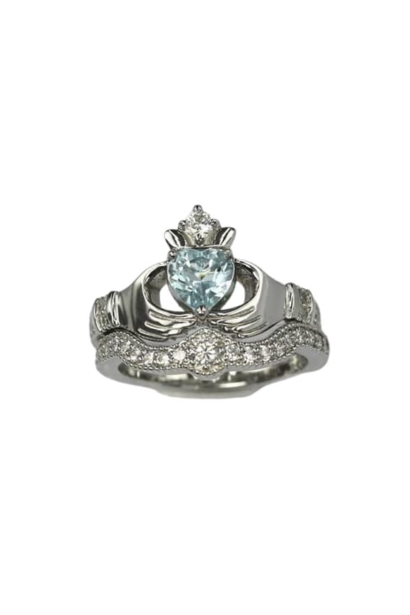 2ct Natural Aquamarine Diamond Ring Claddagh Bridal Set 14k SOLID White Gold