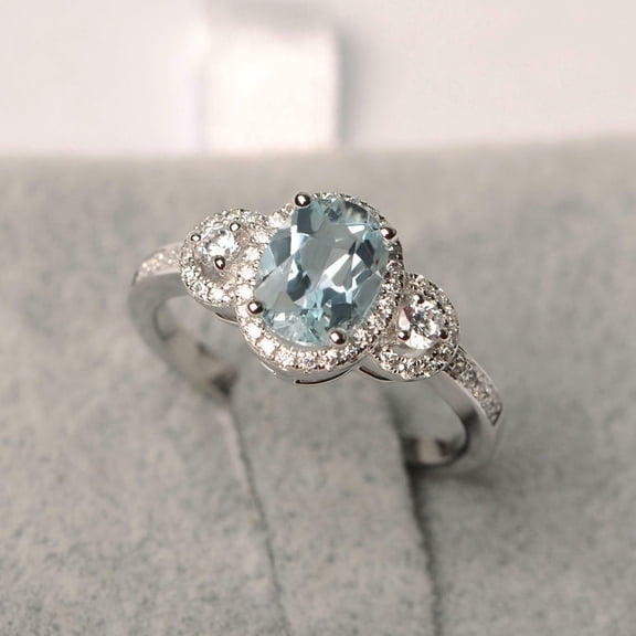 HeartsAndYou 2ct Natural Aquamarine & Diamond Ring Halo Trilogy 100% 14k SOLID White Gold