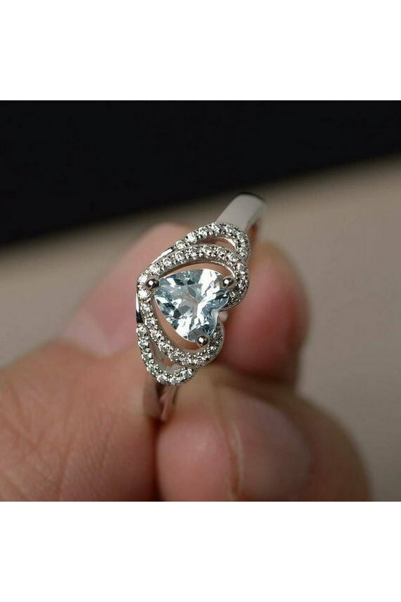 2ct Natural Aquamarine Double Heart Shape Birthday Ring 14k SOLID White Gold